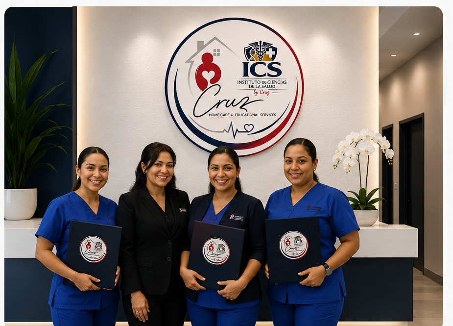 Equipo bilingüe de CRUZ Home Care & ICS frente al logo institucional en la recepción de Kissimmee
